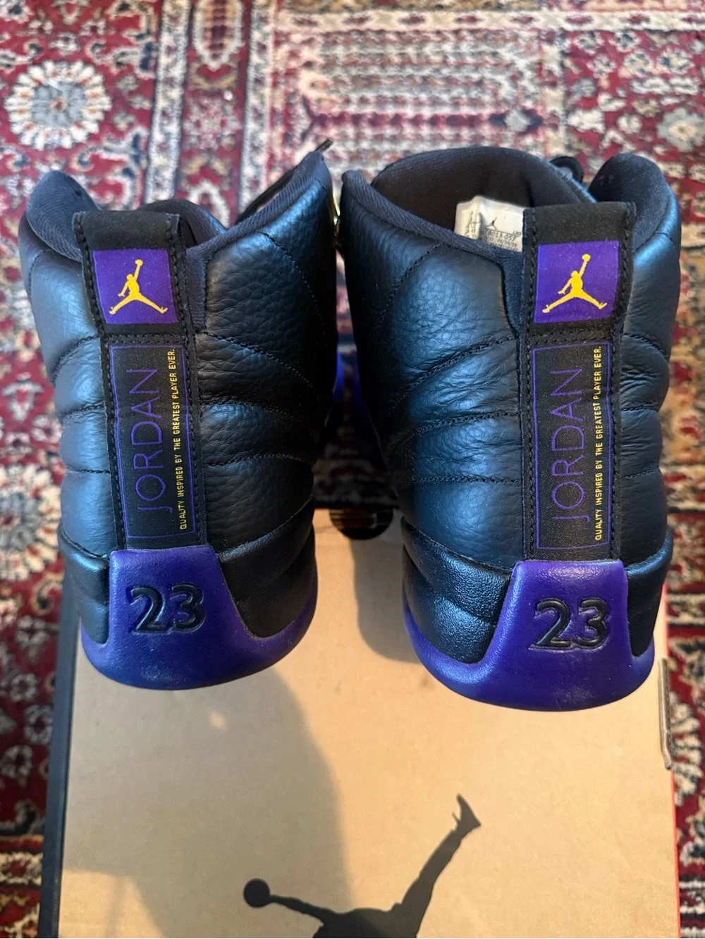 Jordan 12 Retro Field Purple Sneakers - Black & Purple with Gold Eyelets
